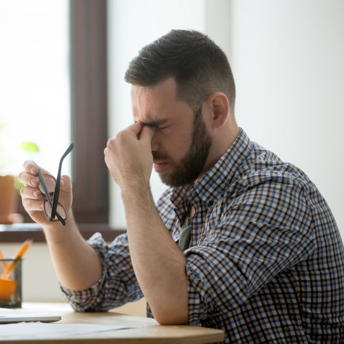Tired Stressed Male Worker Taking Off Glasses, Person Massaging