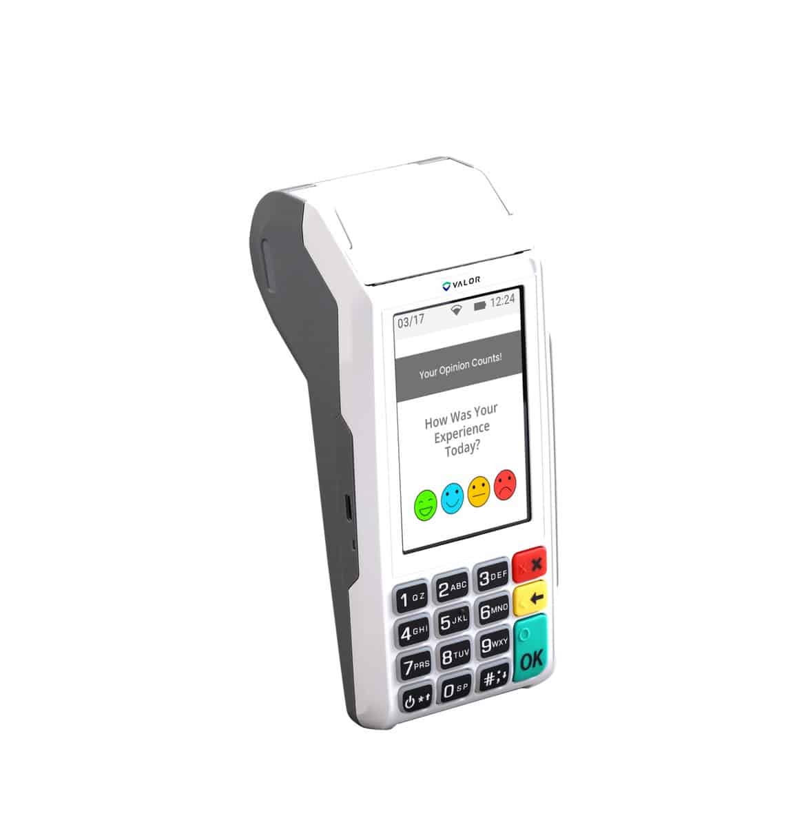 Valor VL110 — angled, customer survey screen