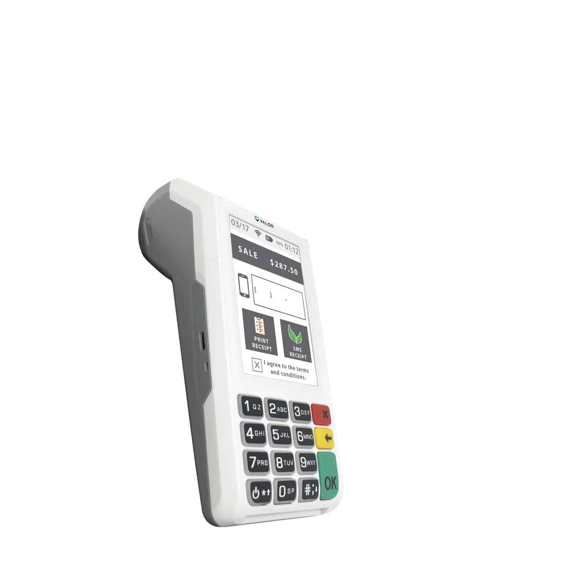 Valor VL110 — angled, receipt screen
